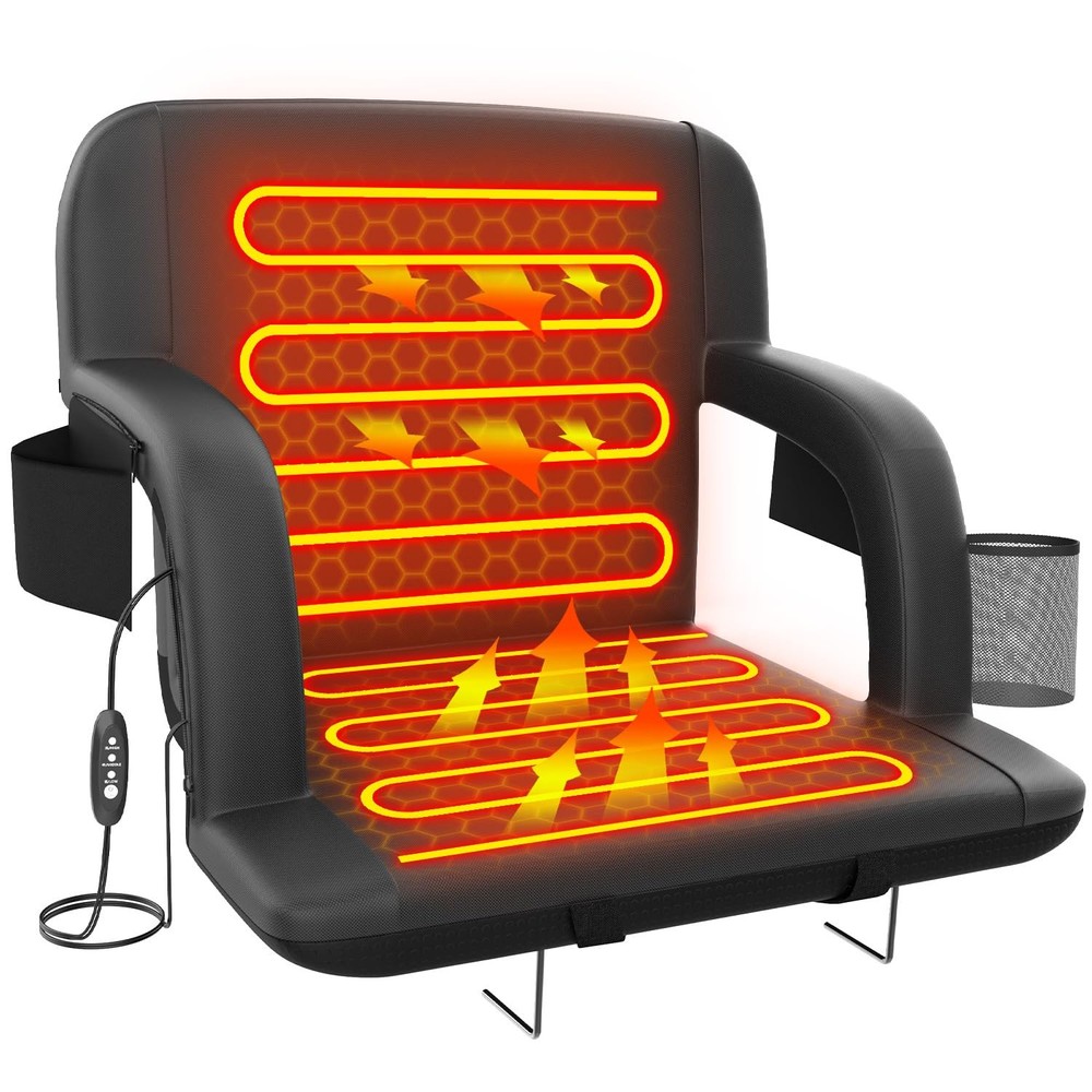 Dual-Side Heated Stadium Seat with Back Support, 21" Wide Cushion, Foldable B...
