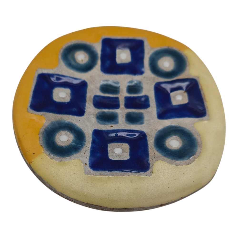 Studio Art Pottery Round Trivet Blue Yellow