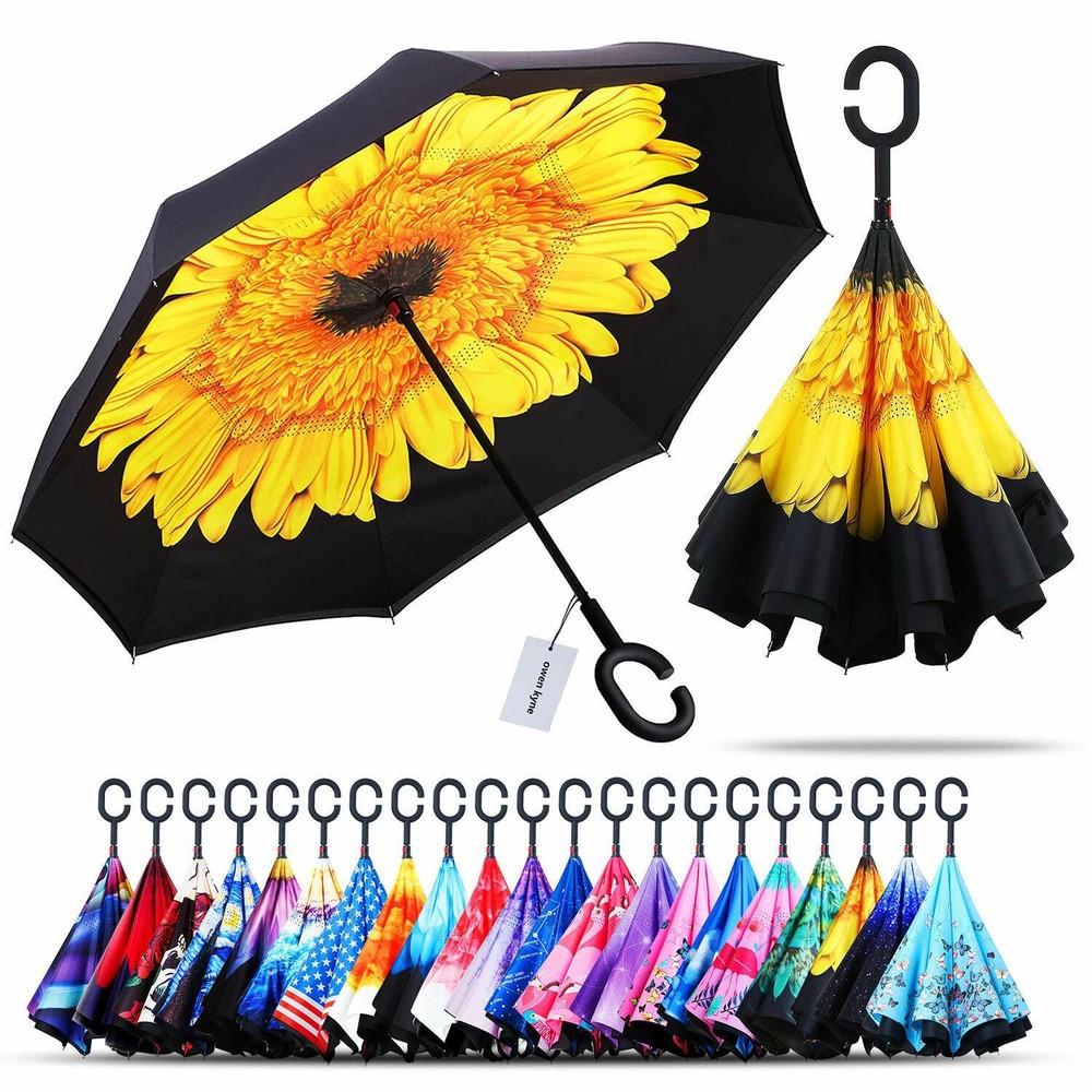 C-Handle Inverted Reverse Umbrella, Flower print (Inside-out, Upside-down)