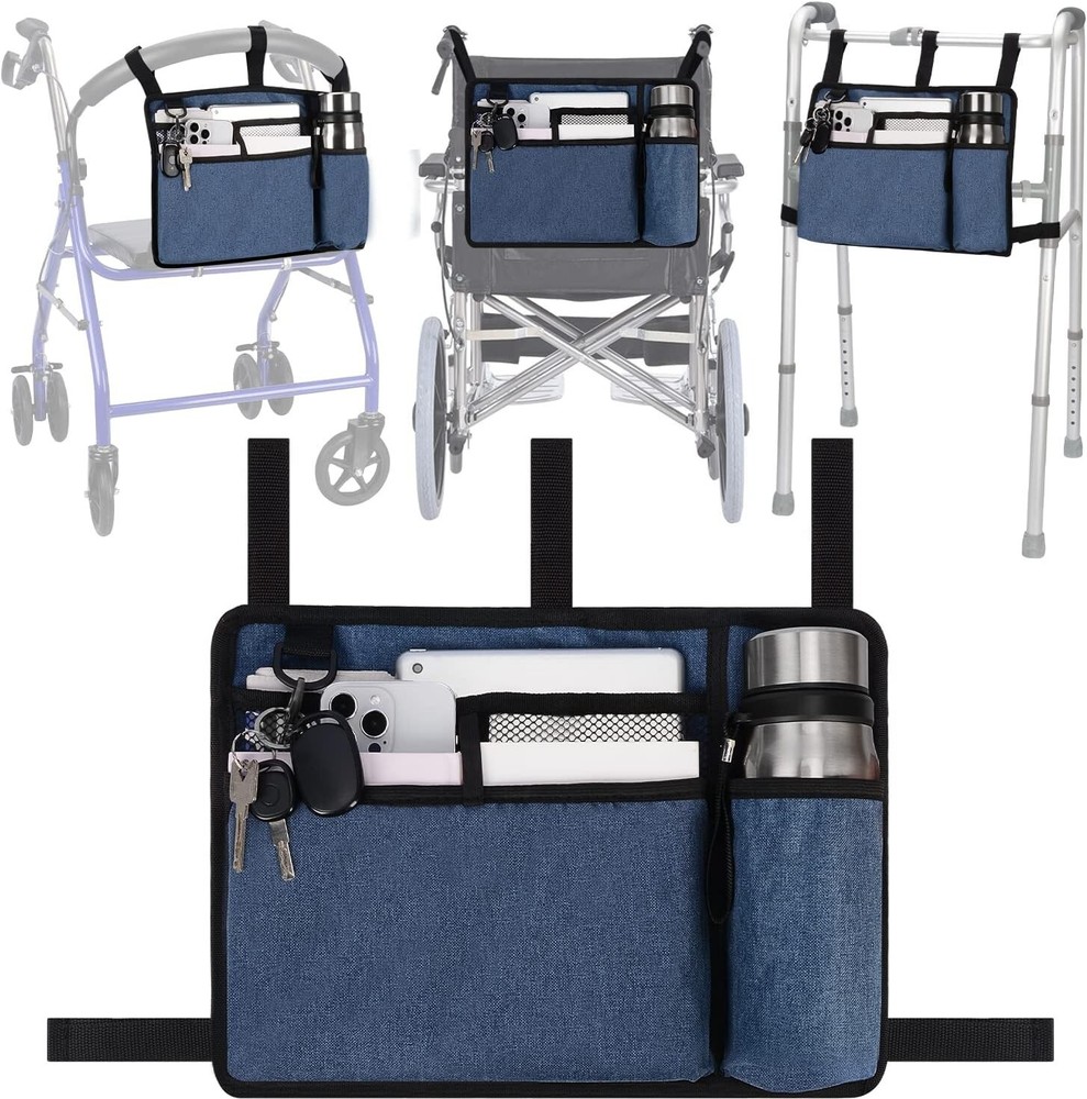 Water-Resistant Walker Bag with Cup Holder - 5 Pocket Mobility Solution in Blue