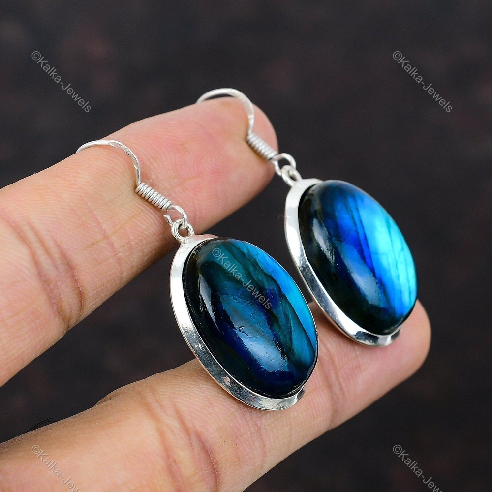 Natural Neon Flash Labradorite Gemstone Drop/Dangle Blue Earrings 925 Silver