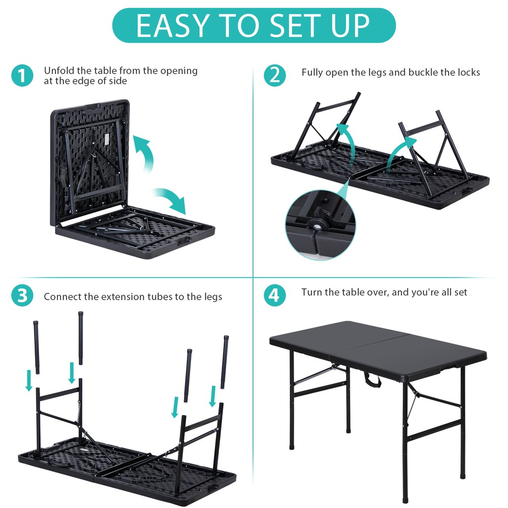 4ft Portable Folding Square Plastic Dining Table Fold-in-Half Outdoor Black