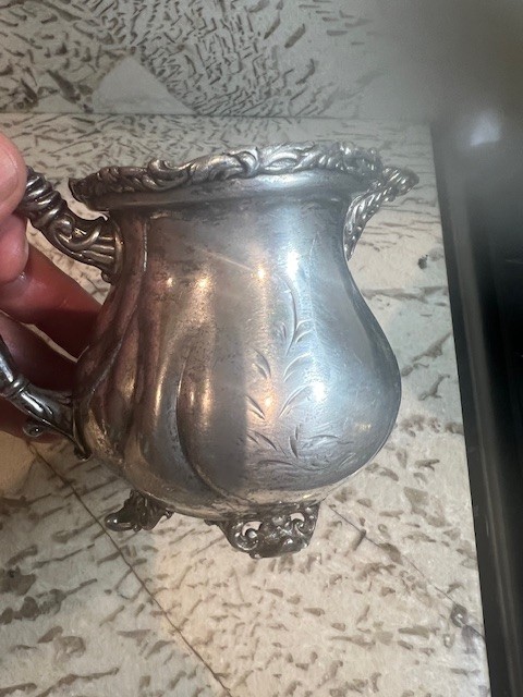 Antique Silver Plated Creamer Pitcher with Floral Etching
