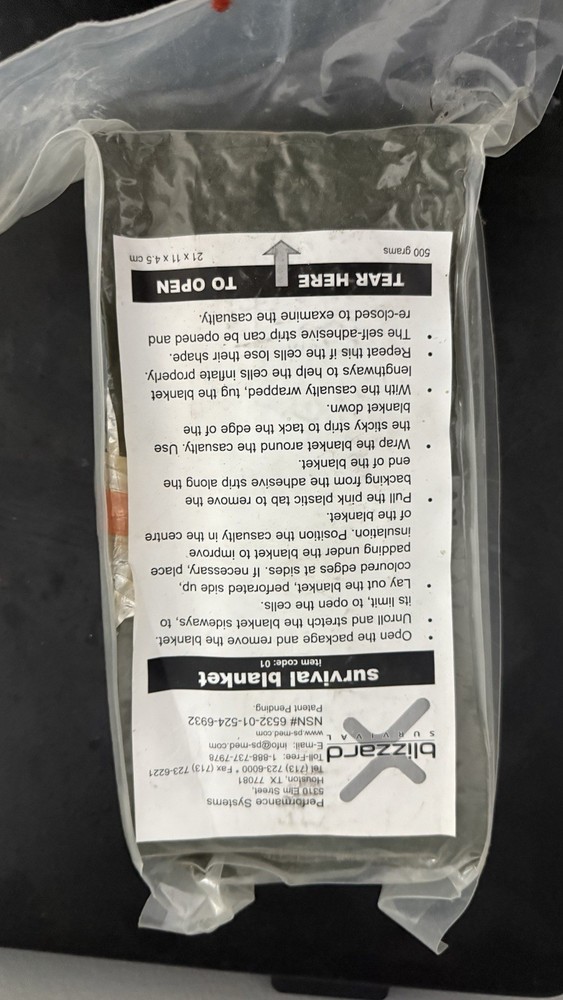 Blizzard Survival" blanket (item code: 01) by Performance Systems.