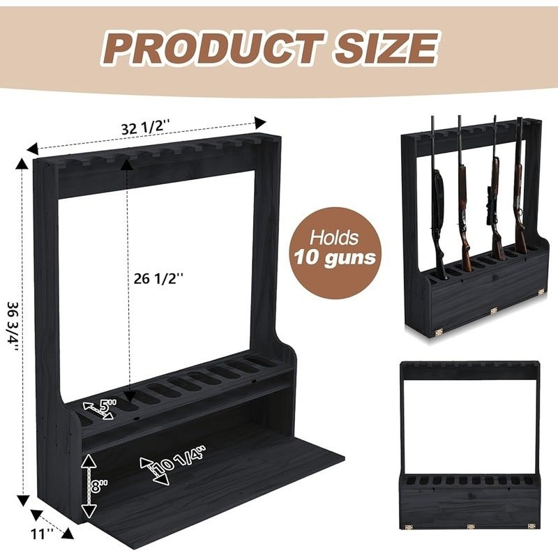 Solid Pine Gun Rack Display 10 Rifles W/ Storage Locker & Easy Assembly New