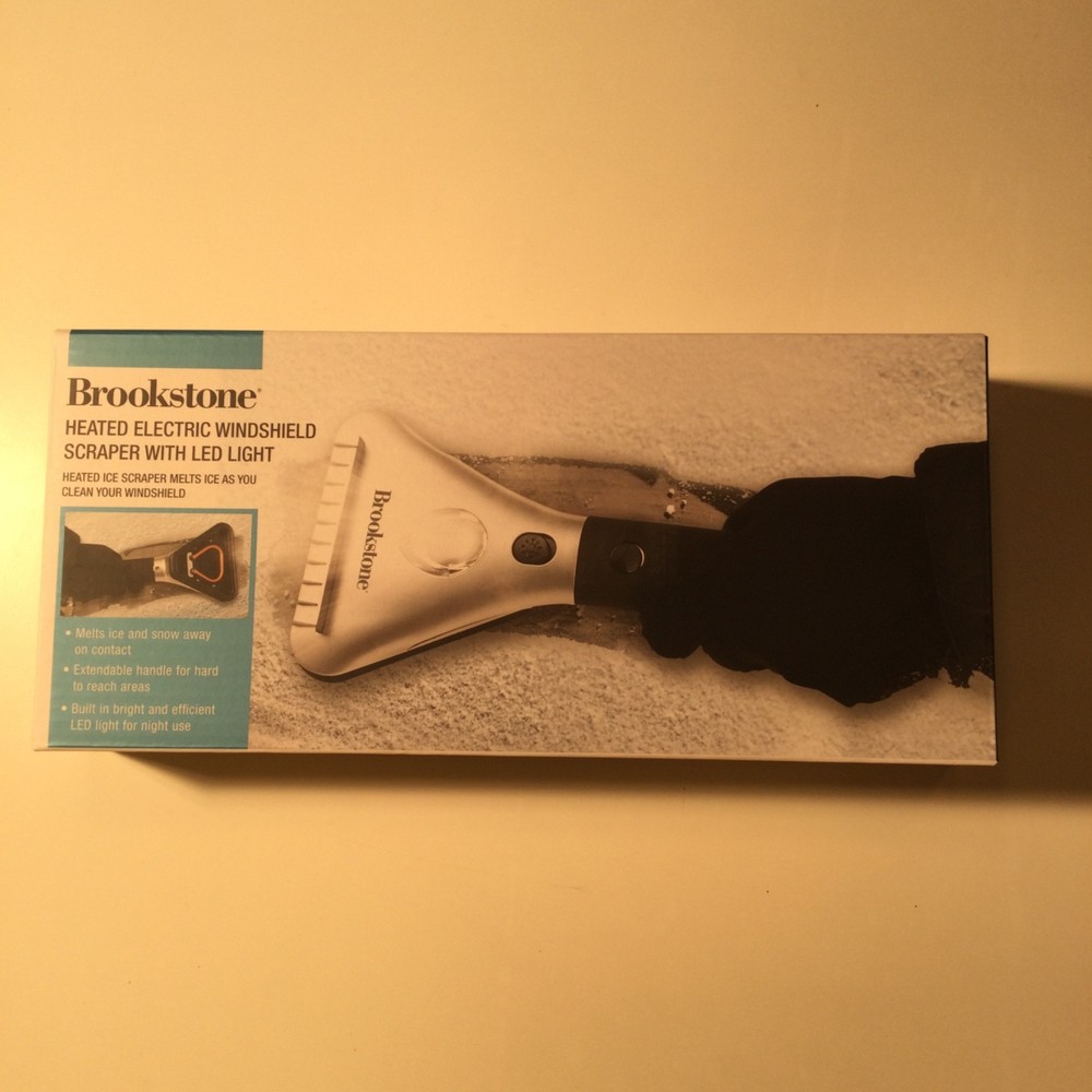 NEW-Brookstone Heated Electric Windshield Scraper with LED Light-Snow Ice Melter