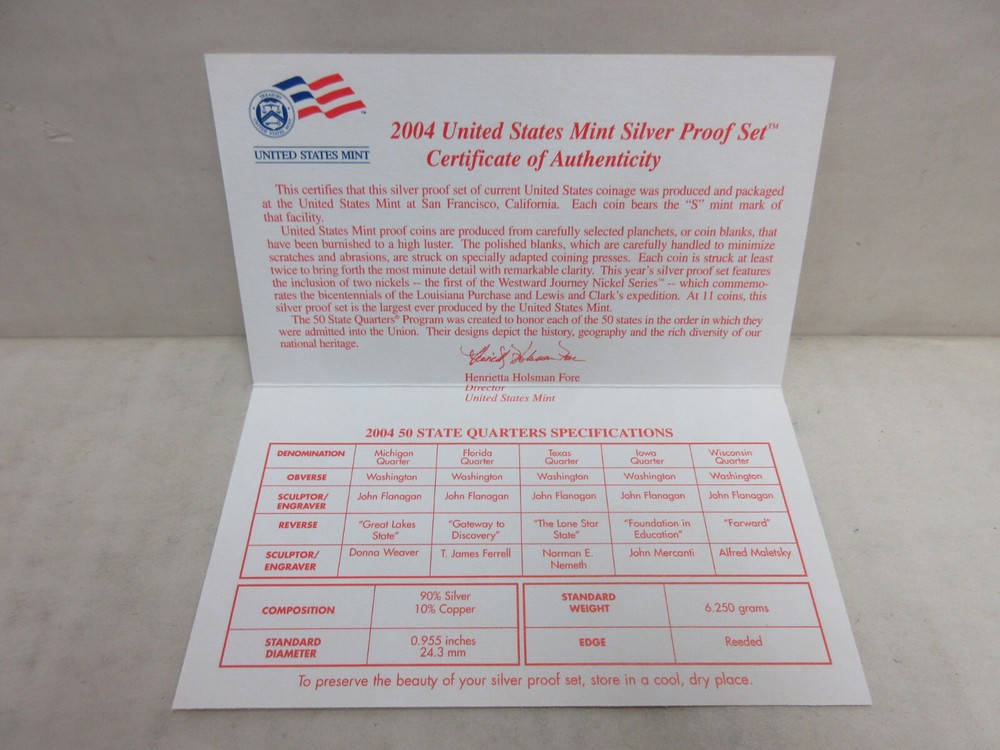 EMPTY PACKAGING Box Lenses & COA for 2004 United States Mint Silver Proof Set