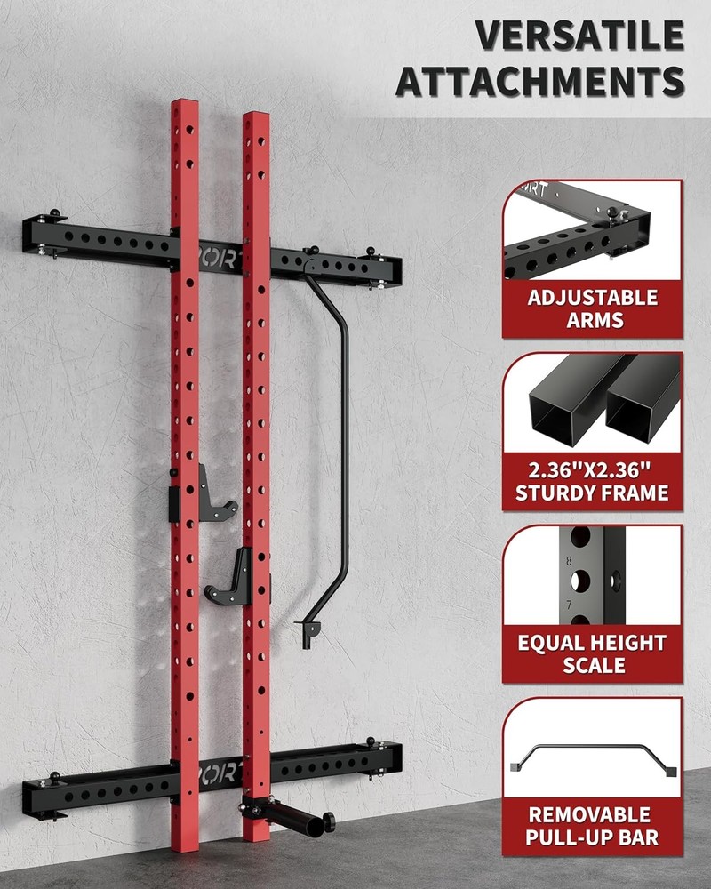 1000LBS Capacity Folding Wall-Mounted Squat Rack W/ Pull-Up Bar J-Hooks&Landmine