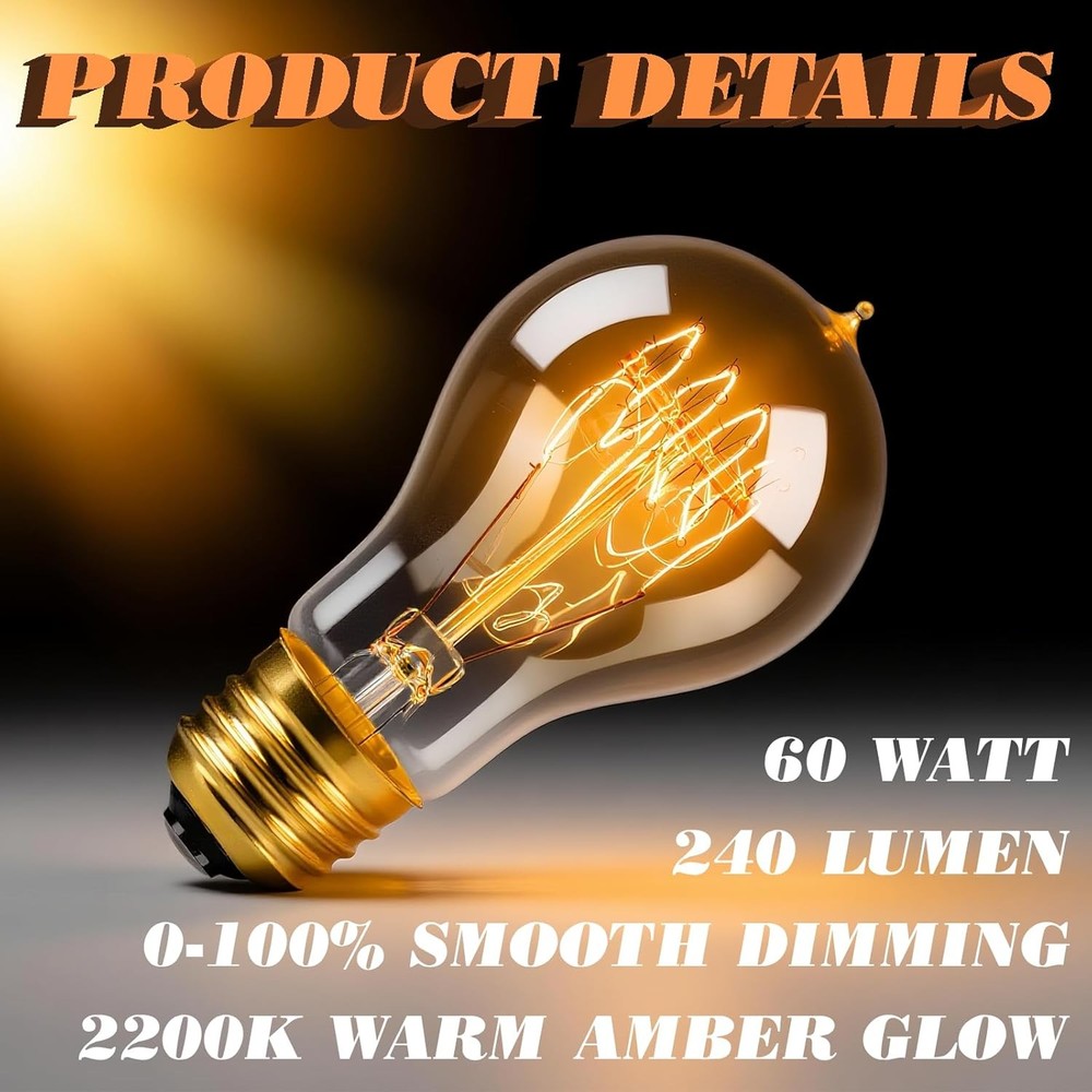 3 Pack A19 Edison Light Bulbs 60W, Warm Amber, E26 Base 60w-3PCS, Amber