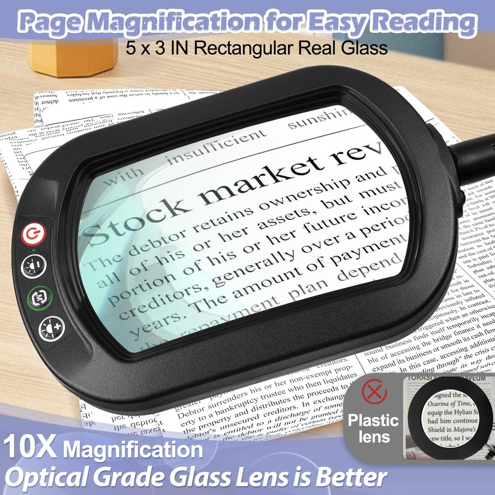 10X Rectangular Real Glass Magnifying Glass with Light and Stand, 24" Flexibl...
