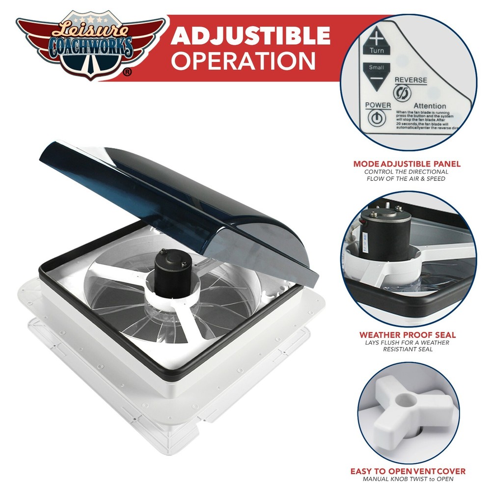 Leisure Coachworks RV Roof Vent Fan 6 Speed 12 Volt with Smoked Lid Manual Riser