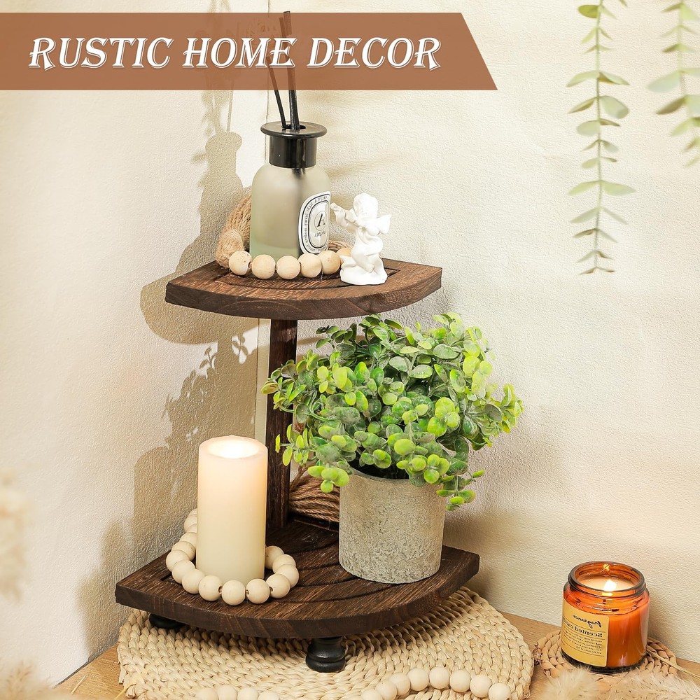 Decorative Wood Riser for Display, 2-Tier Rustic Corner Shelf for Kitchen Bat...