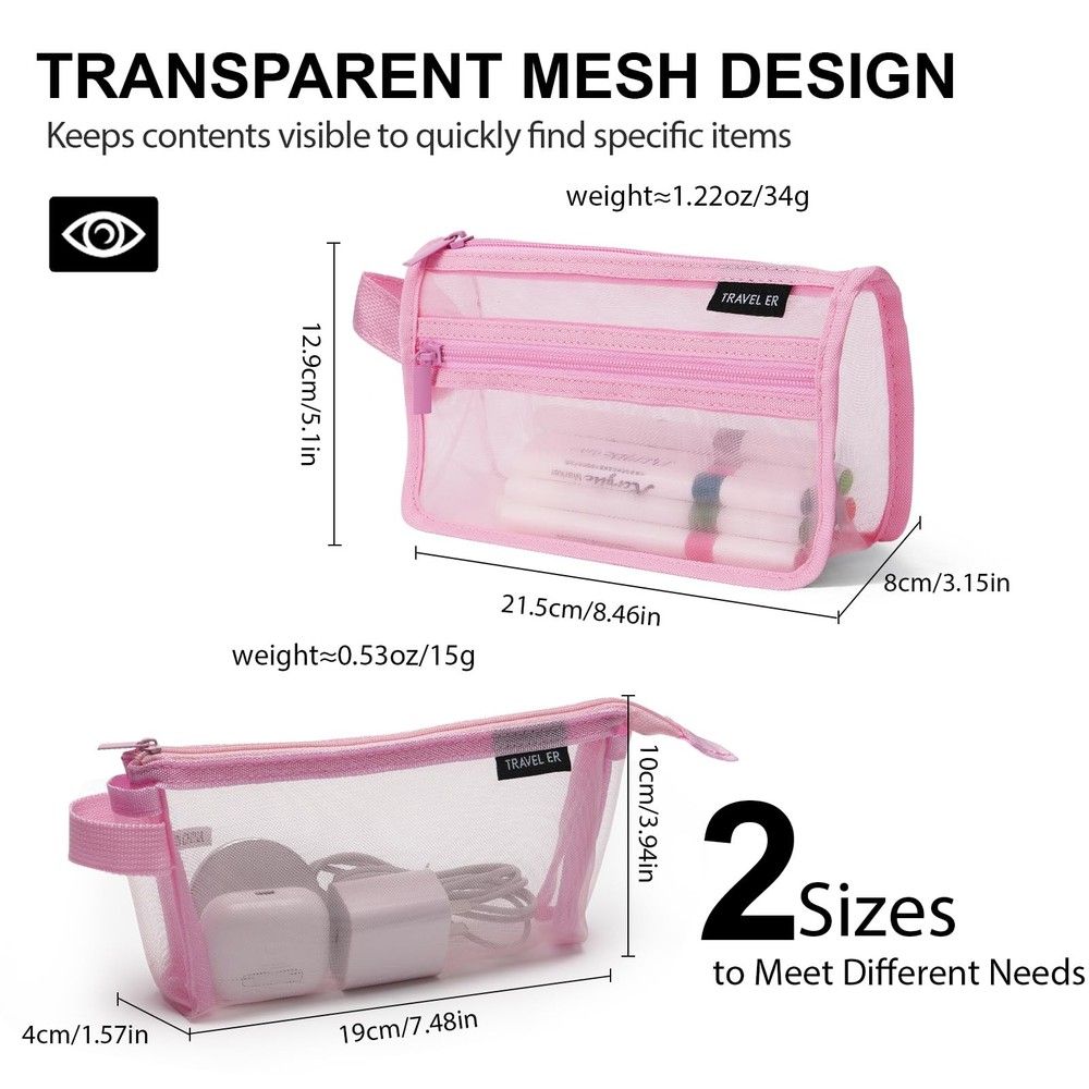 2-Pack Grid Mesh Pencil Case with Handle and Zipper, Double Layer Clear Pencil