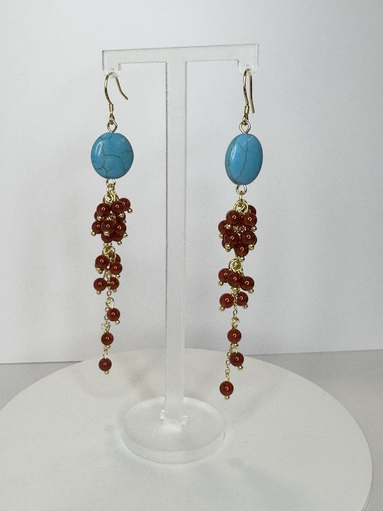 Boho Ethnic Dangle Earrings (Turquoise, Carnelian & 925 Sterling Silver Hooks)