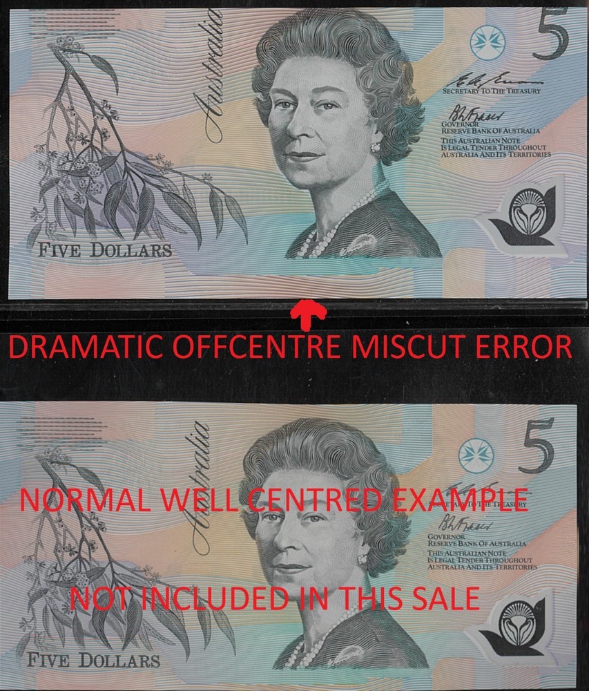 1993 Australia Rare Off-Centered Miscut Error $5 EA93 Last Prefix Polymer r216F