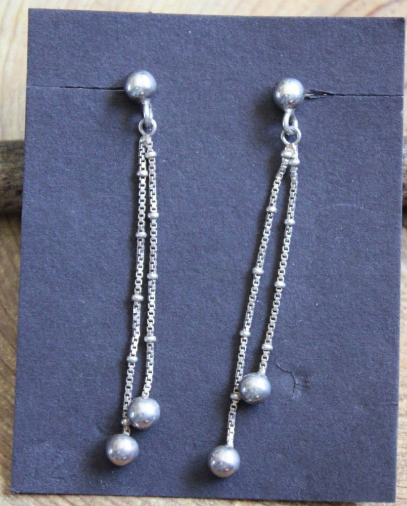 Double Stand Sterling Silver Box Chain & Ball Dangle Earrings