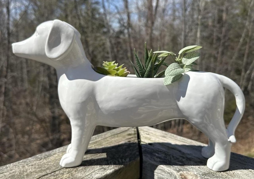Glossy White Ceramic Dachshund Dog Planter