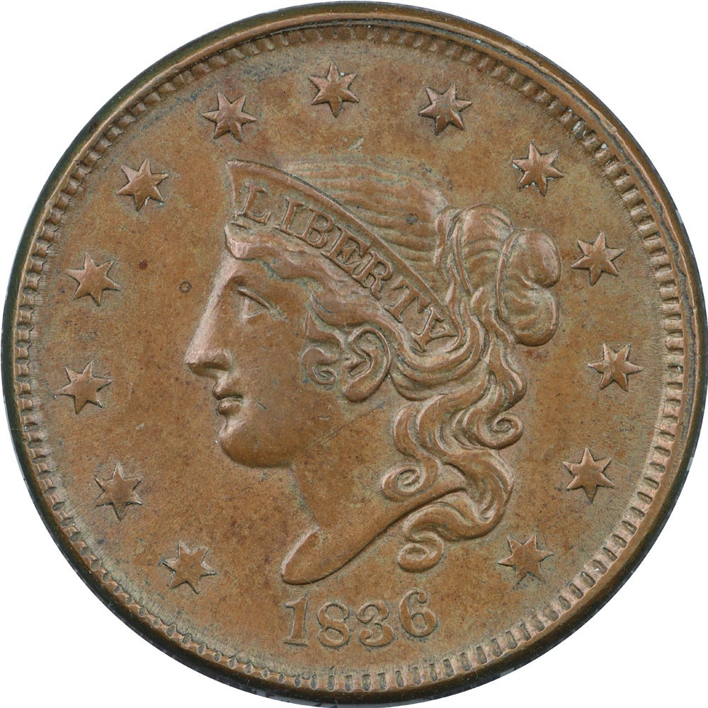 1836 N-2 Coronet Large Cent R2 DWMD Collection AU