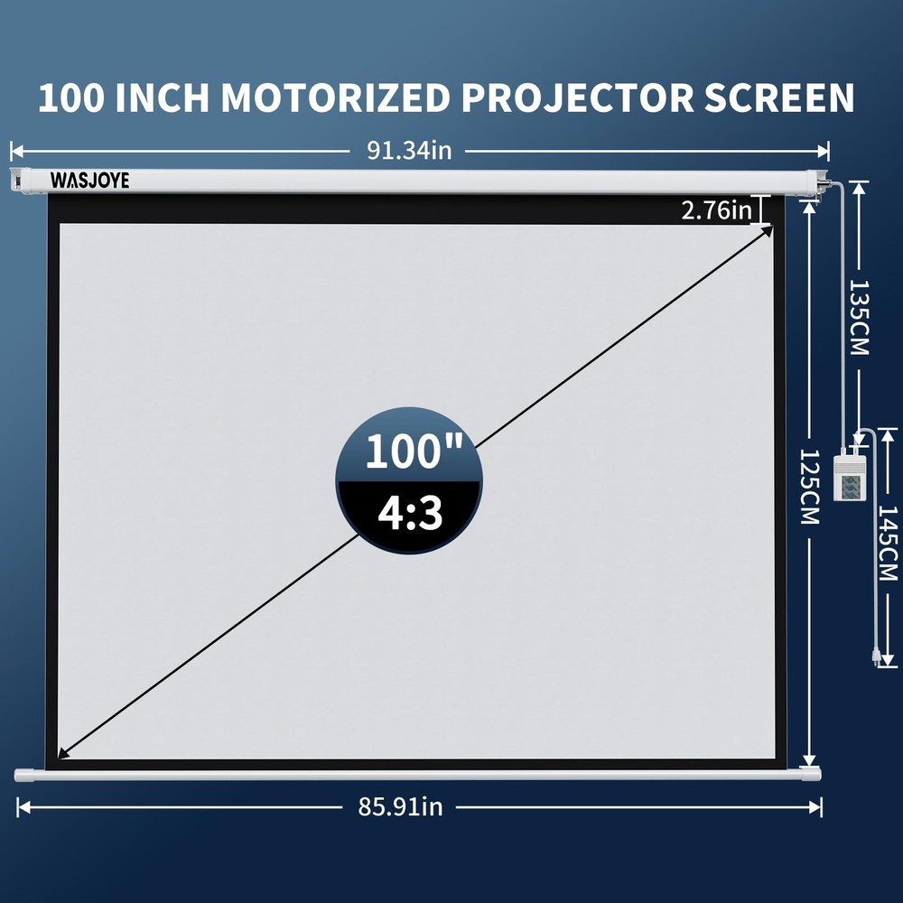 WASJOYE Motorised Projector Screen 100 - 43 Electric Projector Screen Wall/Ce...