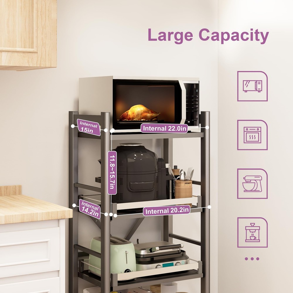 4-Tier Pull Out Kitchen Baker's Rack with Wheels, Heavy Duty Metal Microwave ...