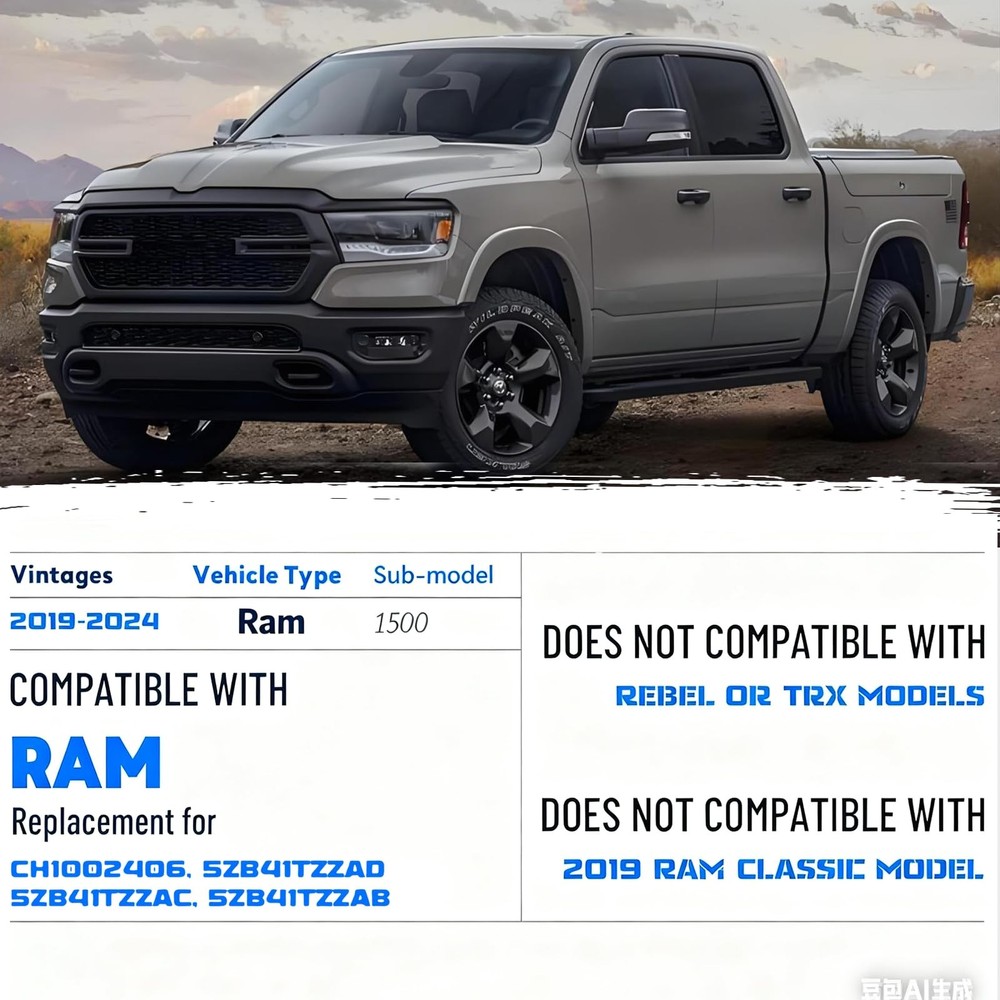 前保险杠脸条 2019 - 2024 RAM 1500 雾灯钩无传感器黑色