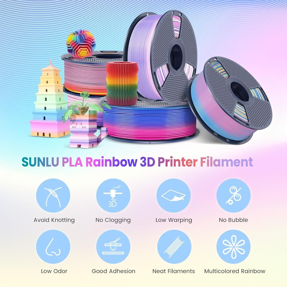 250g Rainbow PLA 3D Printer Filament Bundle Multicolor, Neatly Wound Gradient...