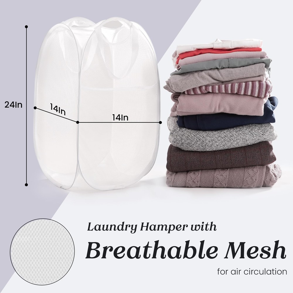 Collapsible Mesh Pop Up Laundry Hamper with Sturdy Handles and Side Pocket - ...