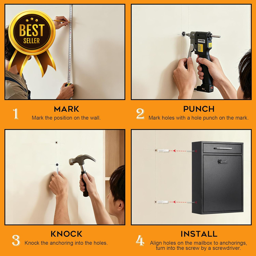 Wall Mount Locking Mailbox Combination Security Key Drop Box XL Black