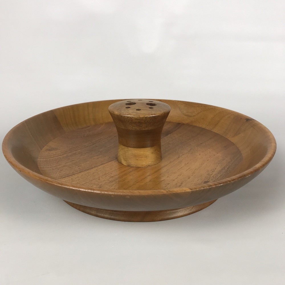 Vintage Solid American Walnut Wood Nut Serving Bowl Dish w/ Tools Cracker Picks