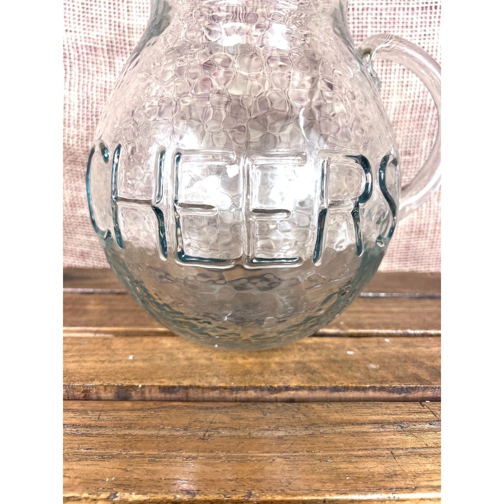 Mud Pie Clear Glass Textured “Cheers” Pitcher~Embossed on Front~New