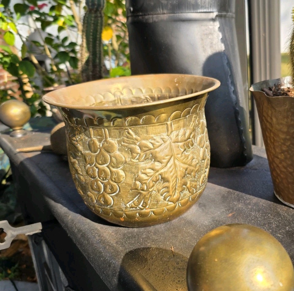 Vintage Embossed Brass Planter Medium Grape Leaf Design Boho Decor India Style