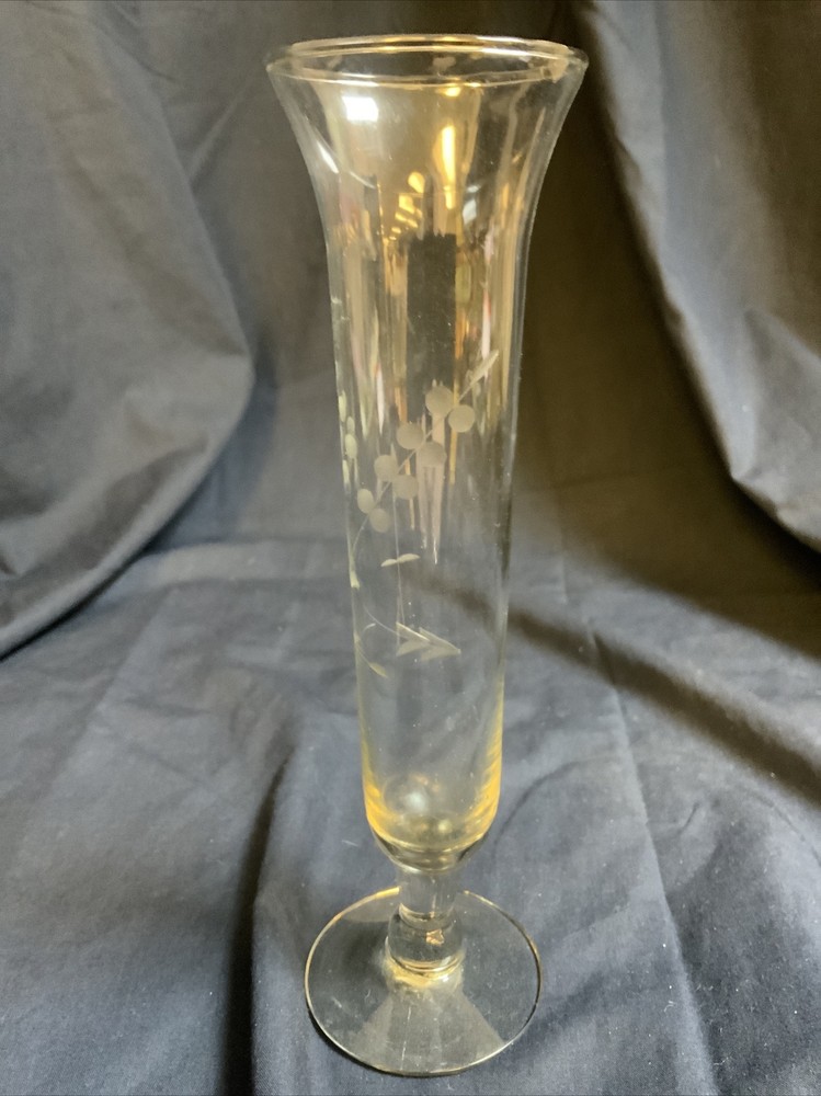 Clear Glass Bud Vase Etched Design 8”