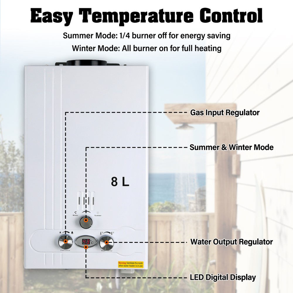 8L 2GPM Tankless LPG Liquid Propane Gas Hot Water Heater On-Demand Water Boiler