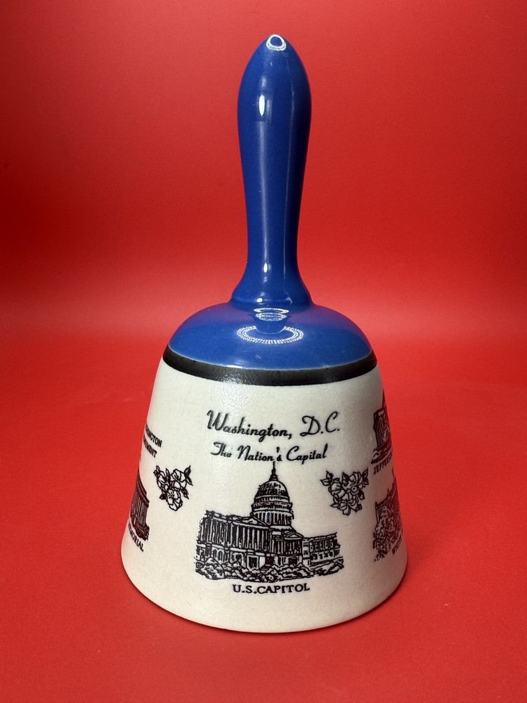 Vintage USA Landmarks Ceramic Bell, Blue Handle, Made in Japan