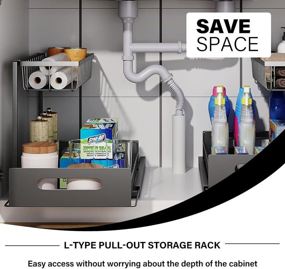 Under Sink Pull-out Drawer Cabinet Organizer Storage Shelf kitchen bathroom 2pcs