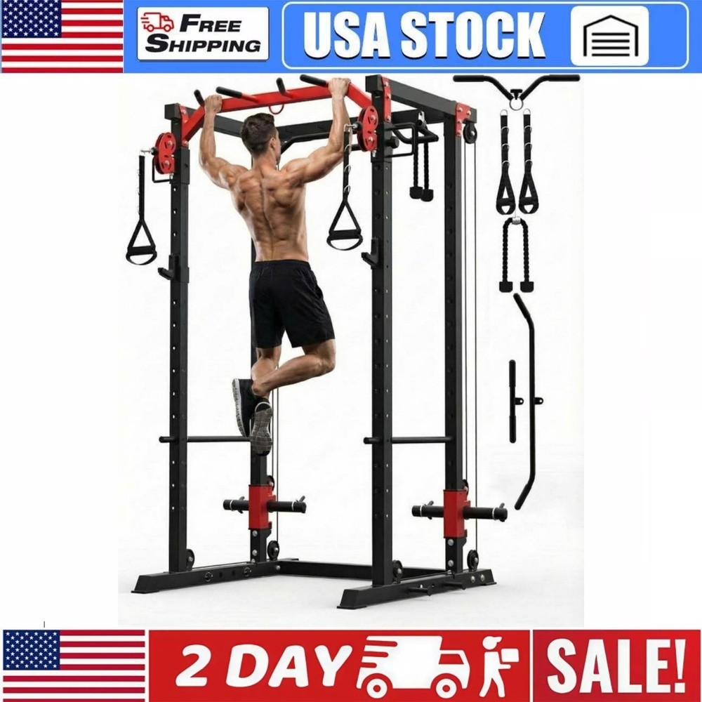 Power Cage Home Gym with LAT Pulldown & Cable System 2000LBS Squat Rack for Home