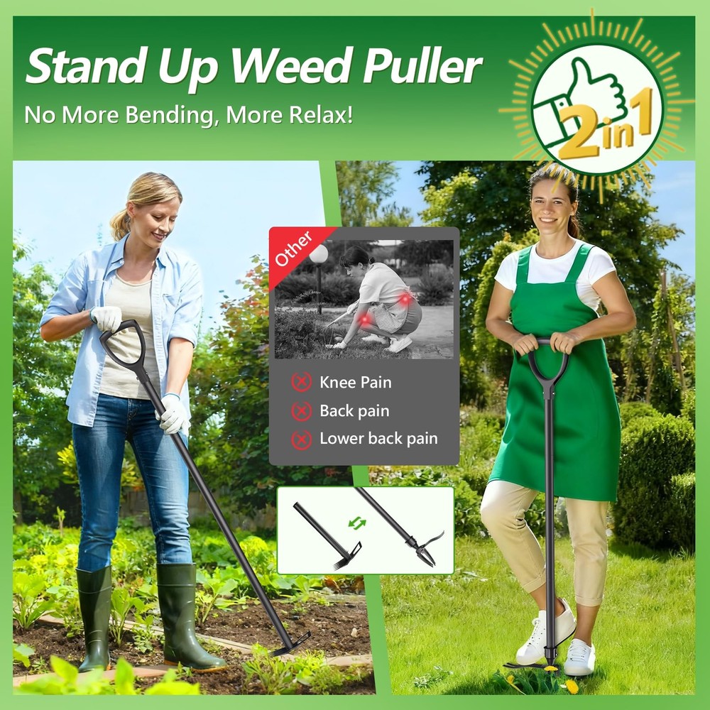 Weed Puller Tool, 2-in-1 Stand Up Heavy Duty Root Removal Tool with 4 Claw He...