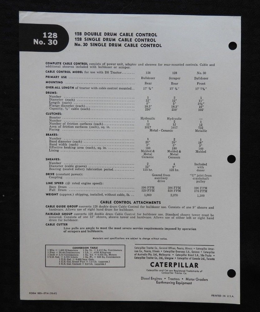 GENUINE 1961 CATERPILLAR D8 TRACTOR #30 "CABLE CONTROLS" SPECIFICATIONS BROCHURE