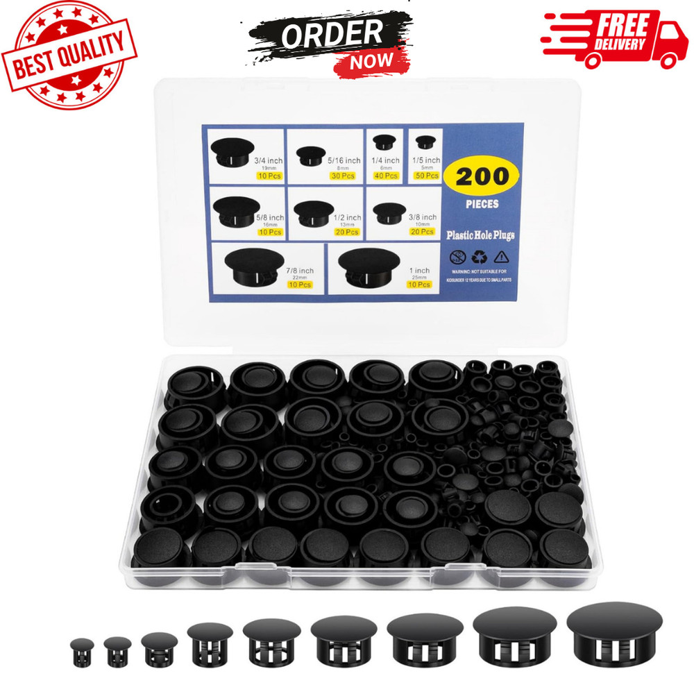 200Pcs 9 Sizes Nylon Plastic Hole Plugs Black Round Hole, Flush Type Panel