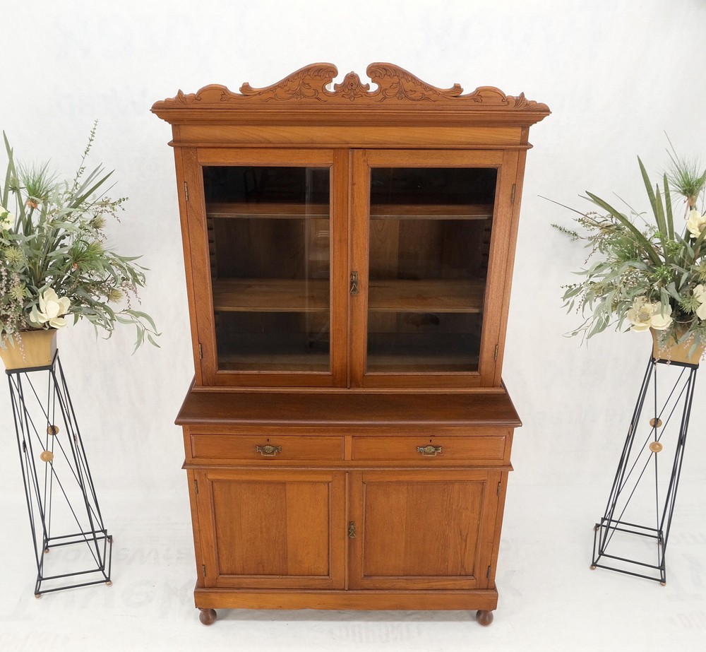 All Solid Teak Asian 1940s Carved Two Part Cupboard Hutch Breakfront Mint!