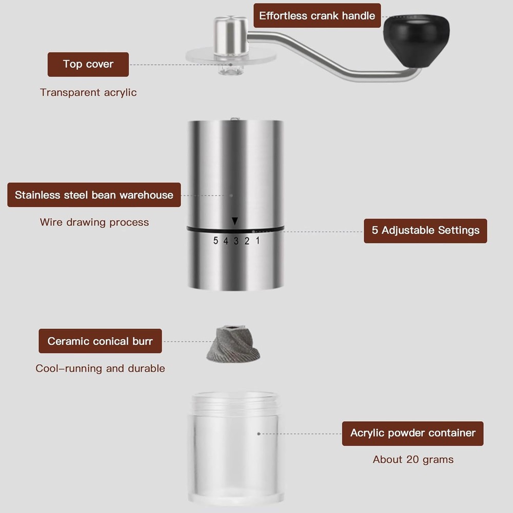 Portable Manual Coffee Grinder - Conical Burr with 5 Silver Ceramic