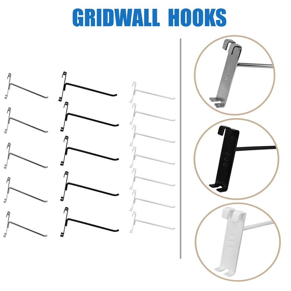 4",6",8",12" Long Gridwall Hooks Grid Panel Display Wire Metal-BLACK,CROME,WHITE