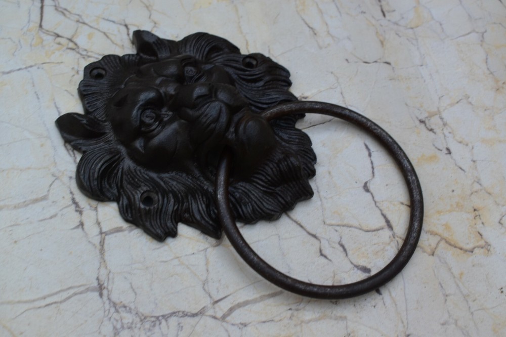 Vintage Cast Iron Lion Head Face Door Knocker Handle Knob Pull Drop Ring