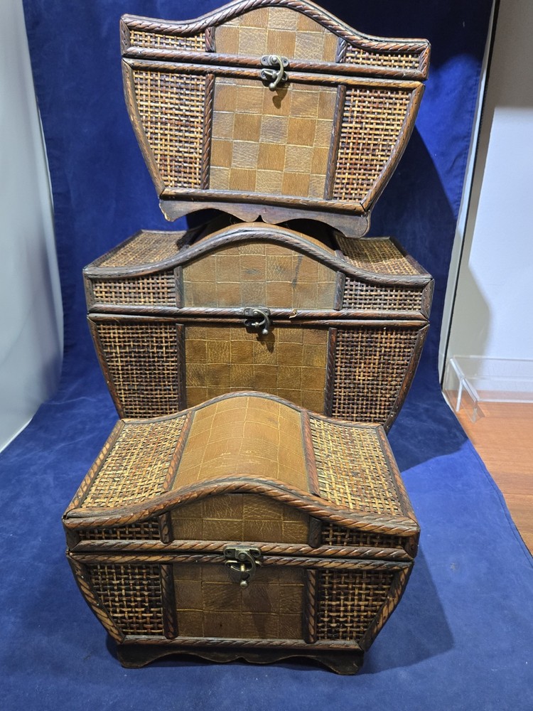3 Beautiful Wooden Wicker Keepsake Chests, Large, Medium And Small, Stack