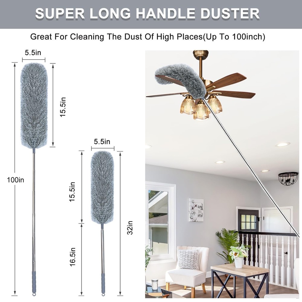 Microfiber Feather Duster with Extendable Pole, 100-inch Extra-Long Dusters T...
