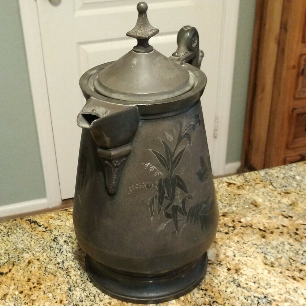 Meridian B Co Silver Plate Devil Pitcher Ceramic Liner 1868 Victorian 13.5"