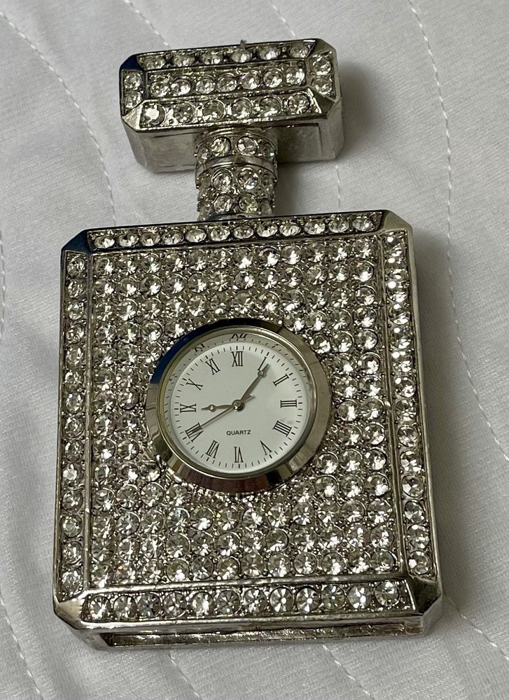 Clock Bling Rhinestone Flask Shape Shine Square Silver