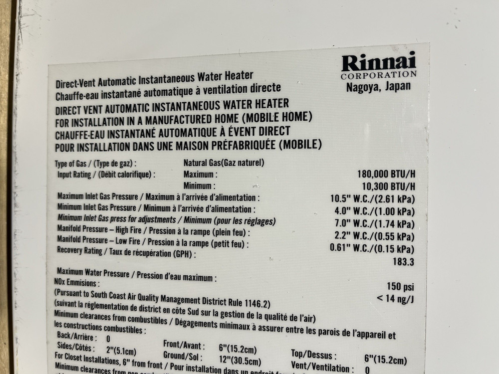 Rinnai V75iN Indoor Tankless Water Heater 180k BTU Natural Gas (B-23 #1493)