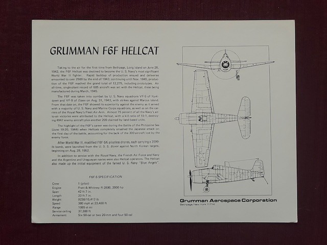 Grumman F6F Hellcat Photo Spec sheet