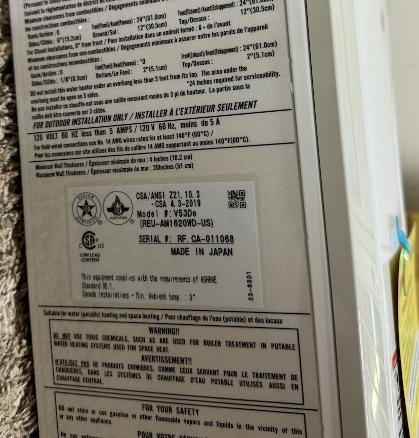 Rinnai V53De Natural Gas Tankless Hot Water Heater, 5.3 GPM Untested M